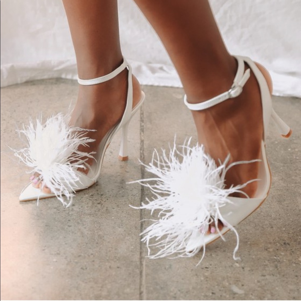Lulus Harlee White Patent Feather High Heel Sandals